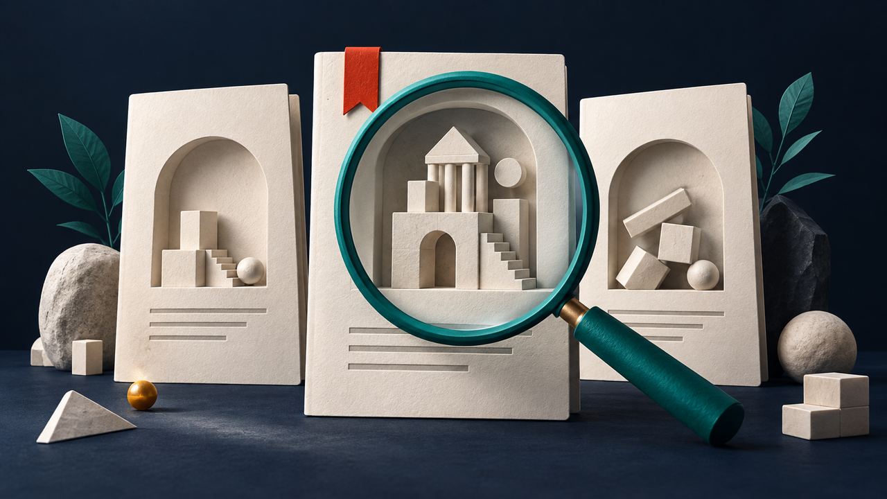 Ilustración de propuestas examinadas con una lupa para comparar su estructura y alcance.