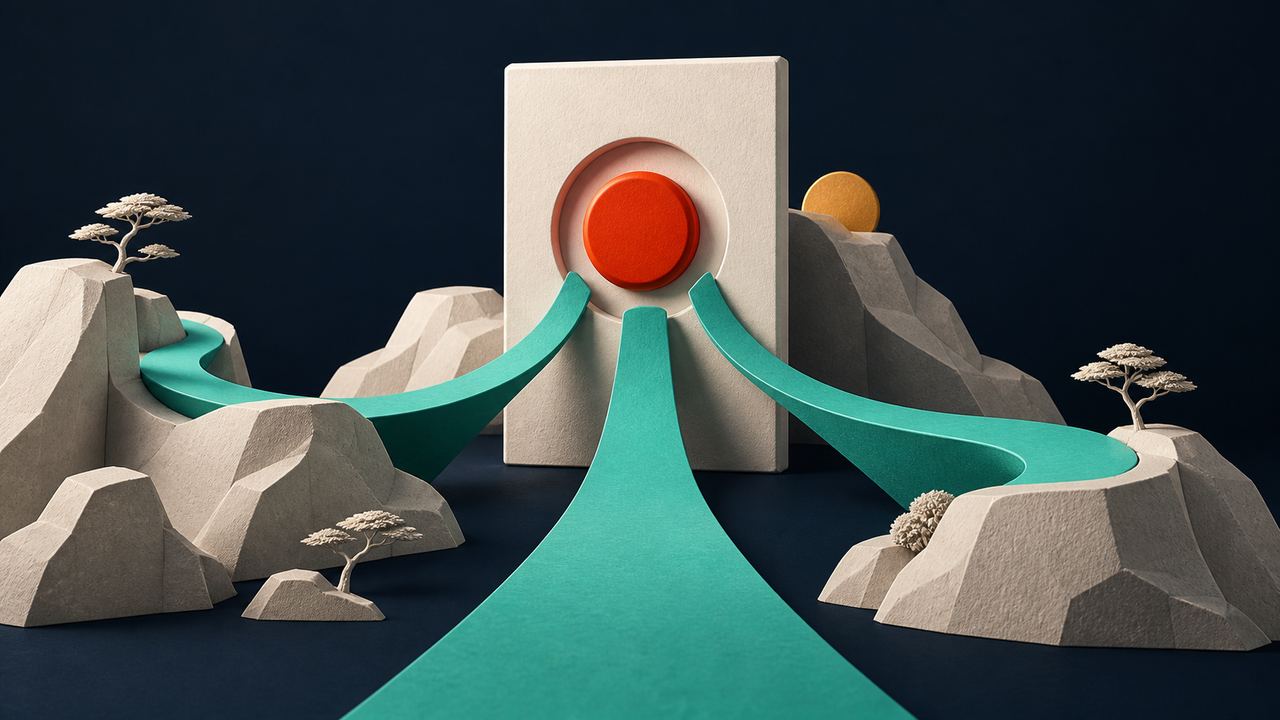 Ilustración de varios caminos que convergen en una sola página y una acción principal.