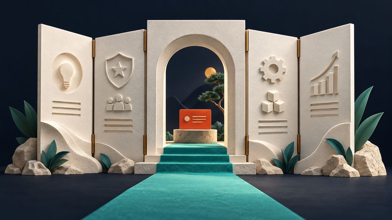 Ilustración de una web construida como un portal sólido, con una ruta clara hacia el contacto.