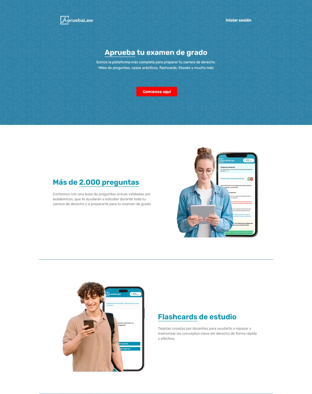 ApruebaLaw, antes suministrado en escritorio: Cabecera anterior, propuesta inicial y bloques de preguntas y flashcards.