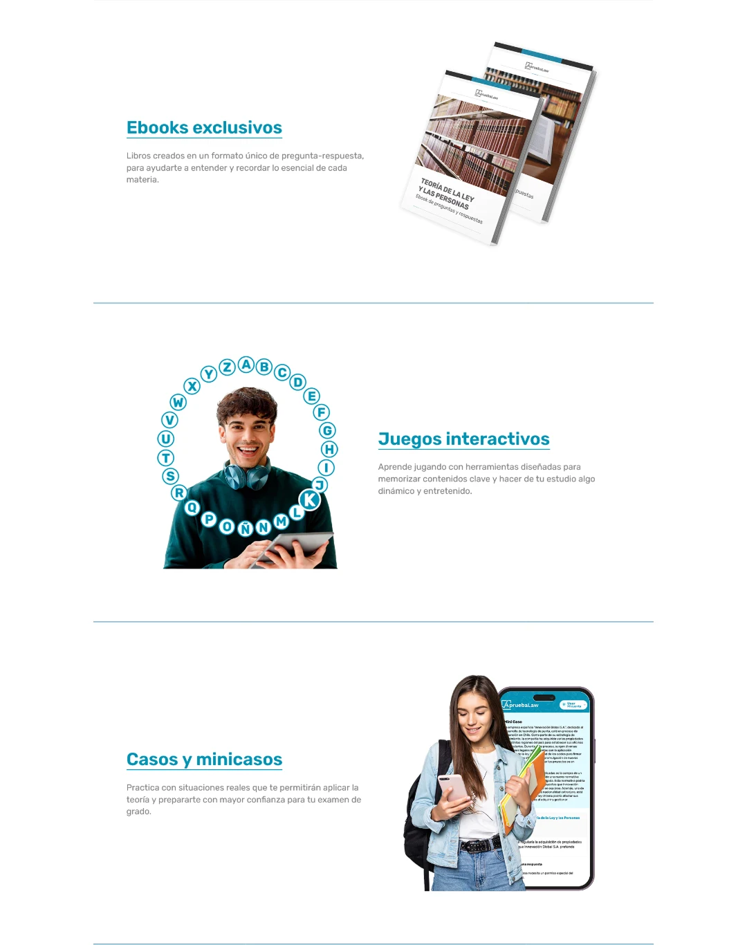 ApruebaLaw, antes suministrado en escritorio: Bloques anteriores de eBooks, juegos interactivos, casos y minicasos.