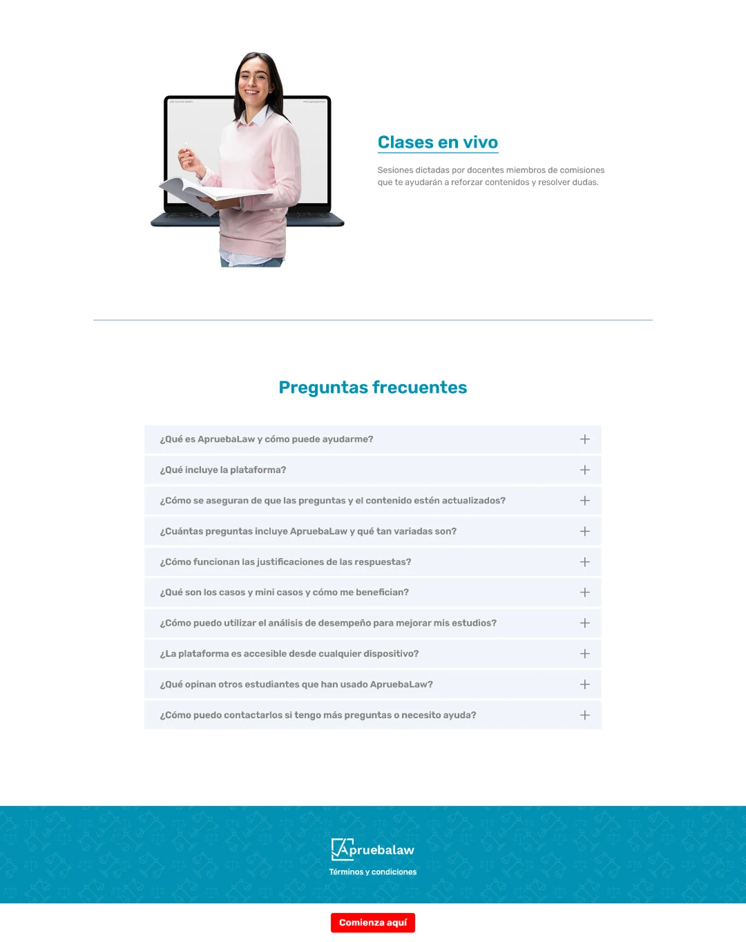 ApruebaLaw, antes suministrado en escritorio: Clases en vivo, preguntas frecuentes, pie y llamada final de la versión anterior.