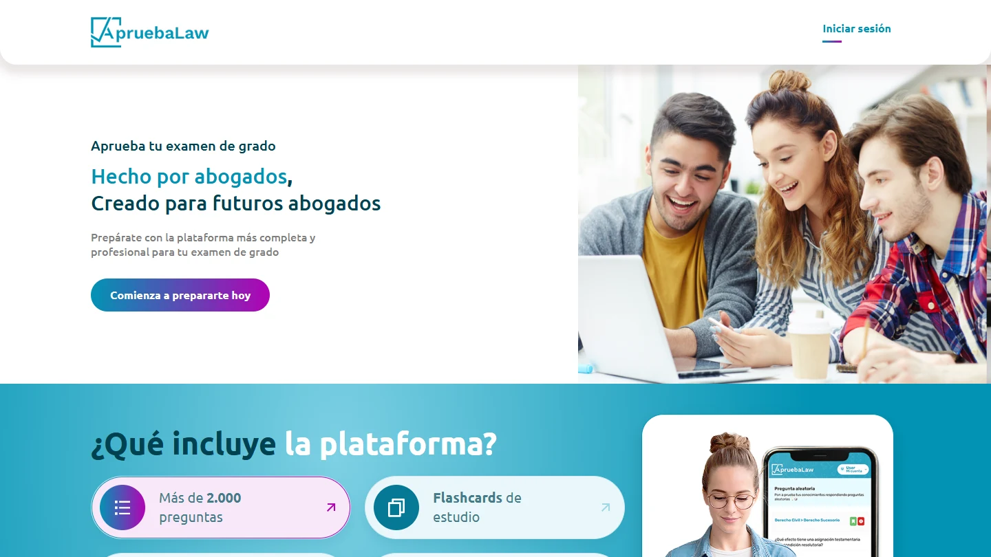 Inicio real de ApruebaLaw: identidad, propuesta para estudiantes de Derecho, acceso al registro y comienzo de los recursos de estudio.