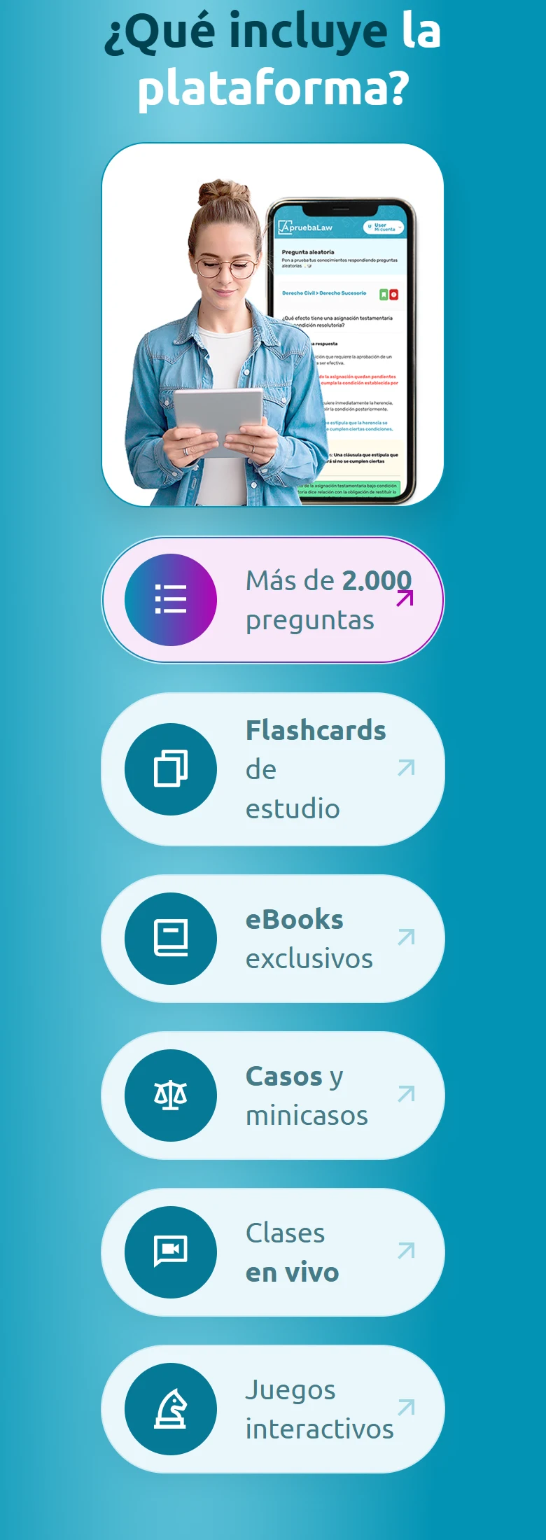 ApruebaLaw, móvil: Recursos de estudio con vista previa y seis opciones apiladas.