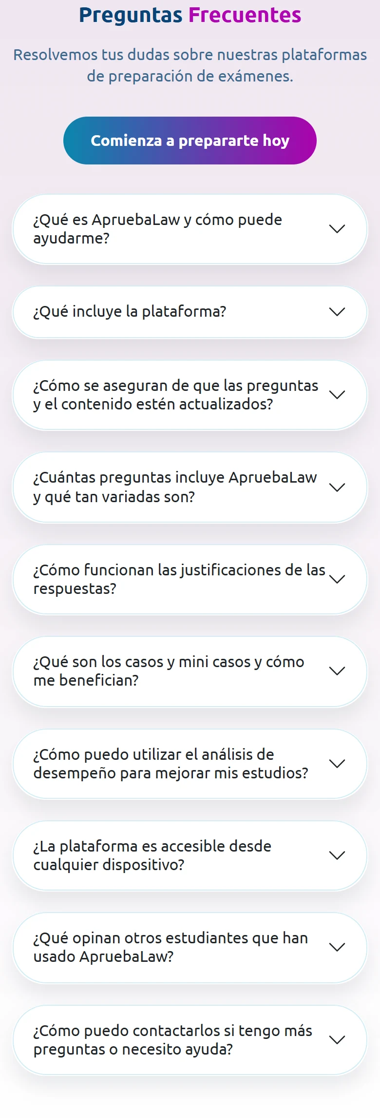 ApruebaLaw, móvil: Preguntas frecuentes en su estado inicial cerrado.