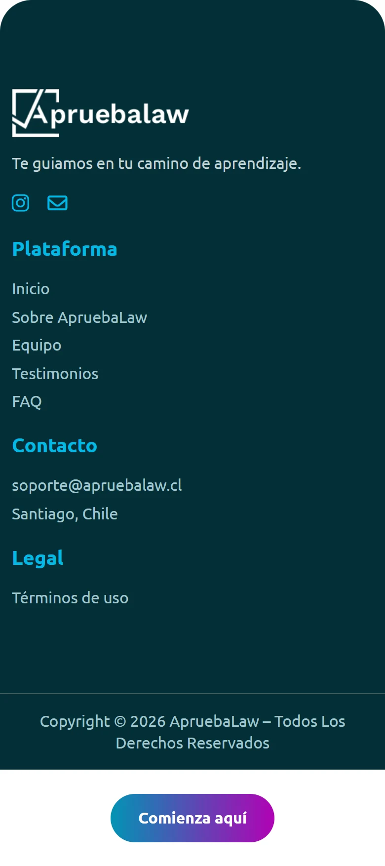 ApruebaLaw, móvil: Contacto, enlaces legales, pie y llamada final al registro.
