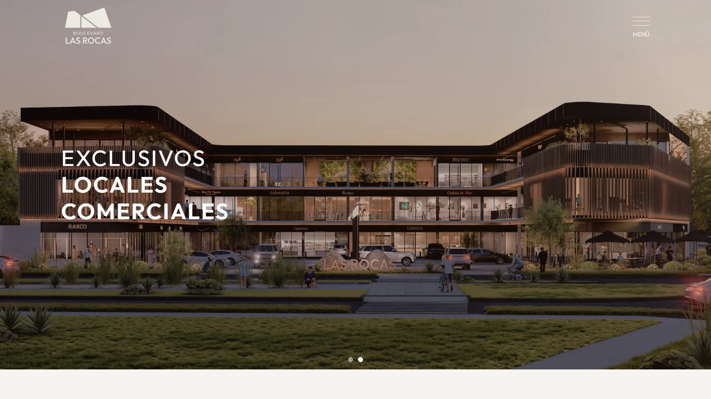 Portada real de Boulevard Las Rocas con logotipo, locales comerciales y vista del proyecto; encuadre completo desde el inicio.