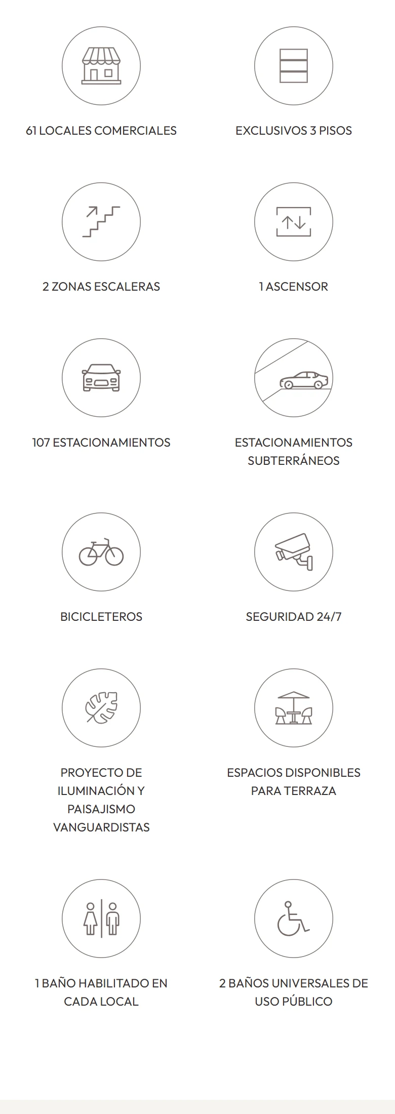 Boulevard Las Rocas, móvil: Características del proyecto organizadas en una retícula de dos columnas.
