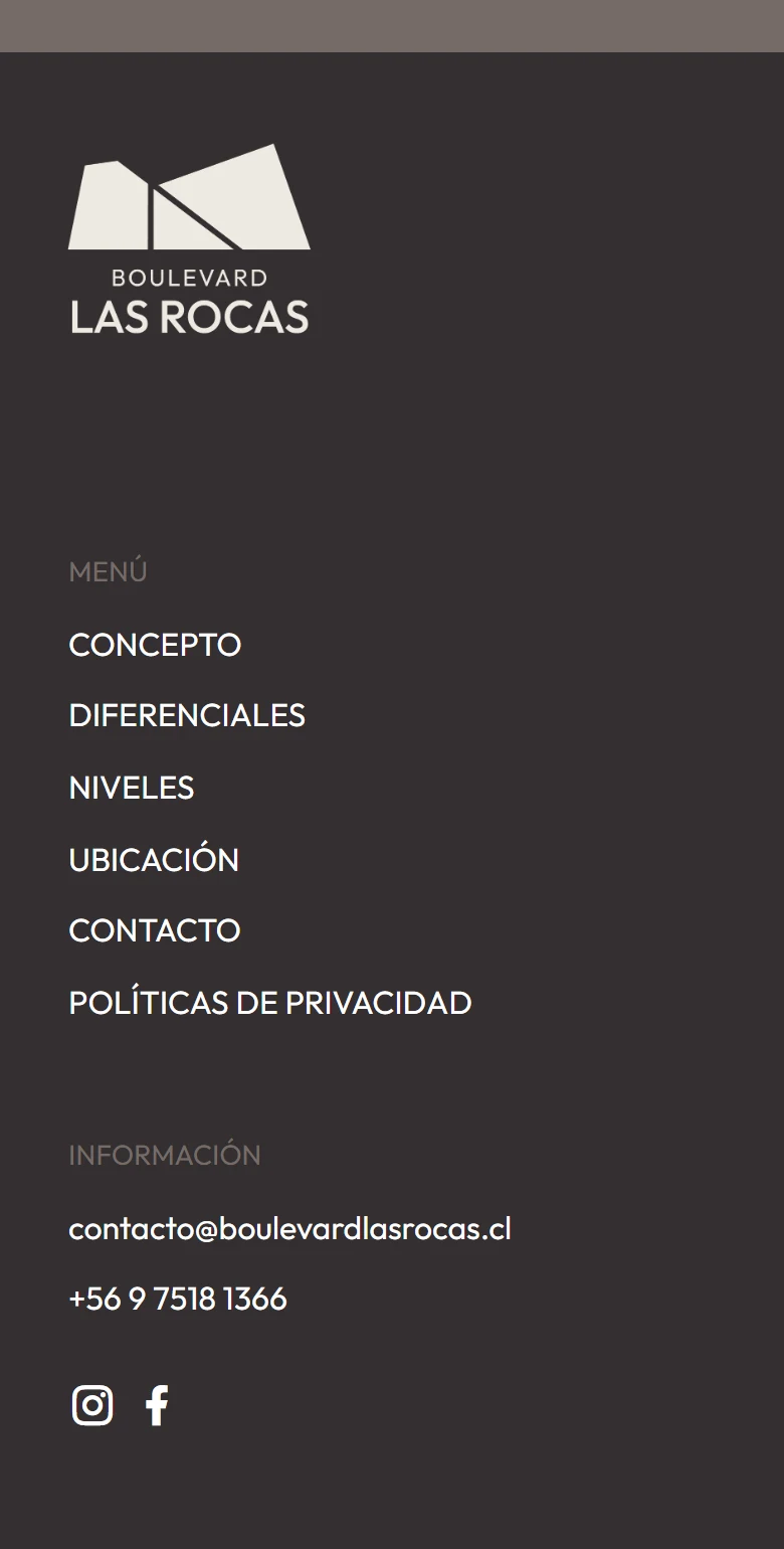 Boulevard Las Rocas, móvil: Identidad y pie con navegación y canales de contacto públicos.