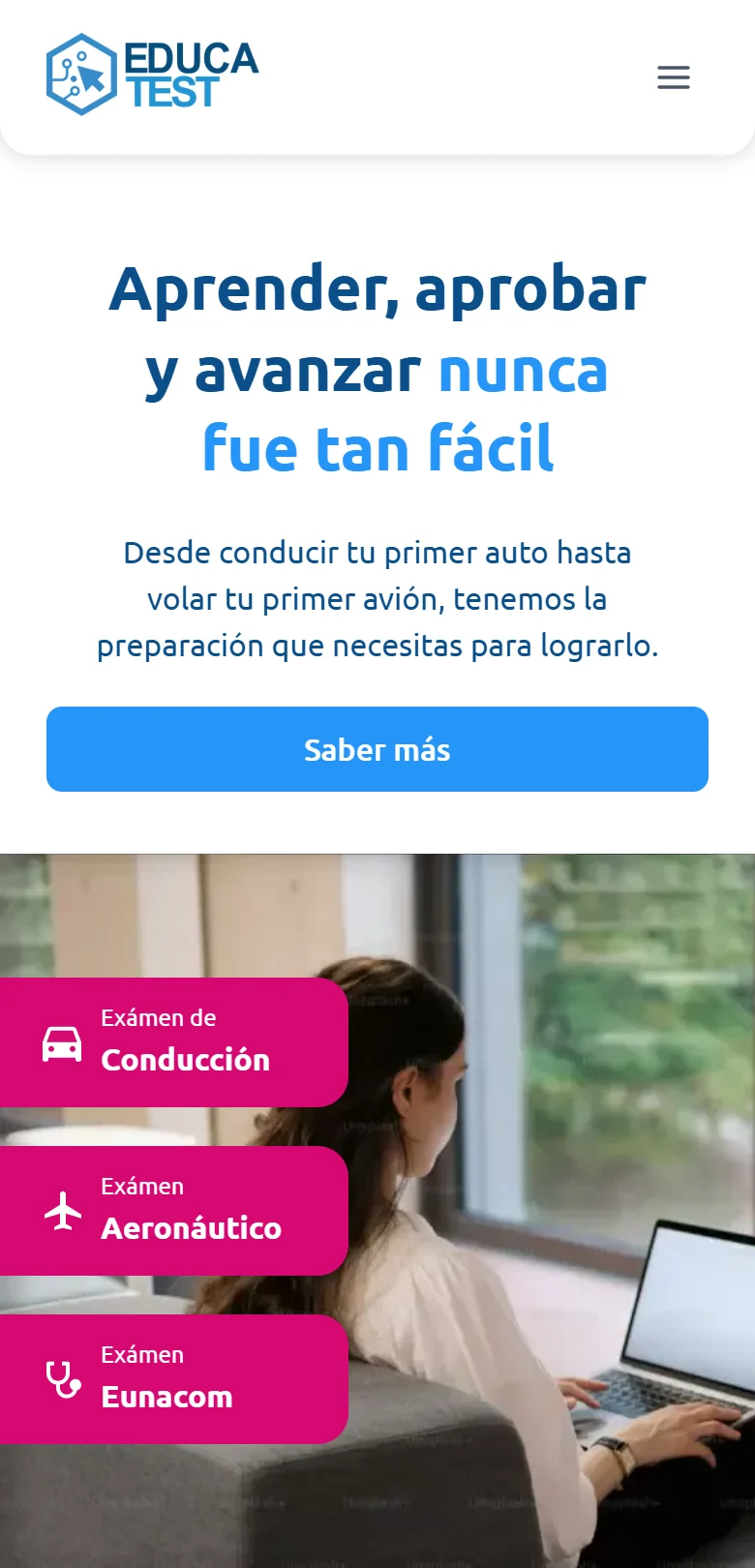 Educatest, Inicio completo en móvil: portada móvil con marca, propuesta y tres áreas. Fragmento 1 de 12.