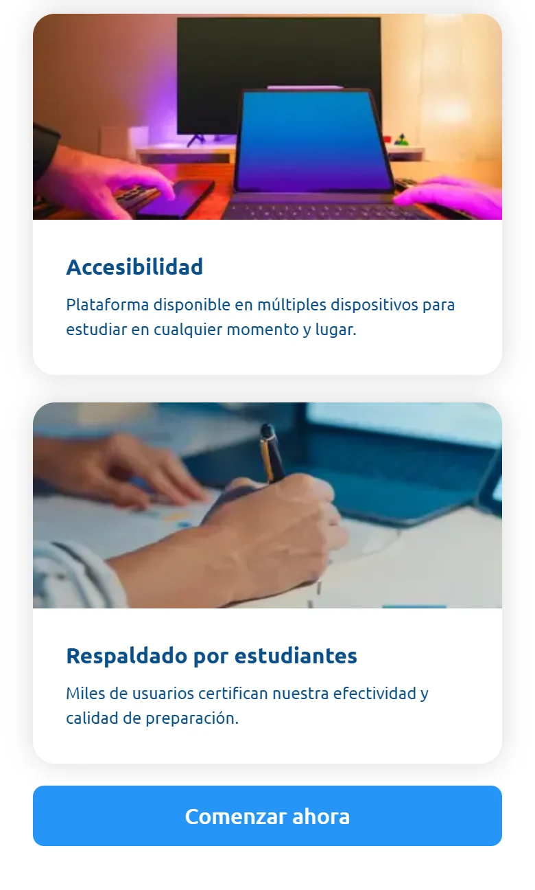 Educatest, Inicio completo en móvil: continuación de beneficios y llamada a continuar. Fragmento 9 de 12.