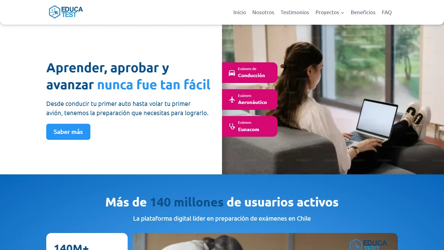 Inicio público de Educatest con su logo, propuesta de preparación, accesos a sus especialidades y comienzo del bloque de presentación.