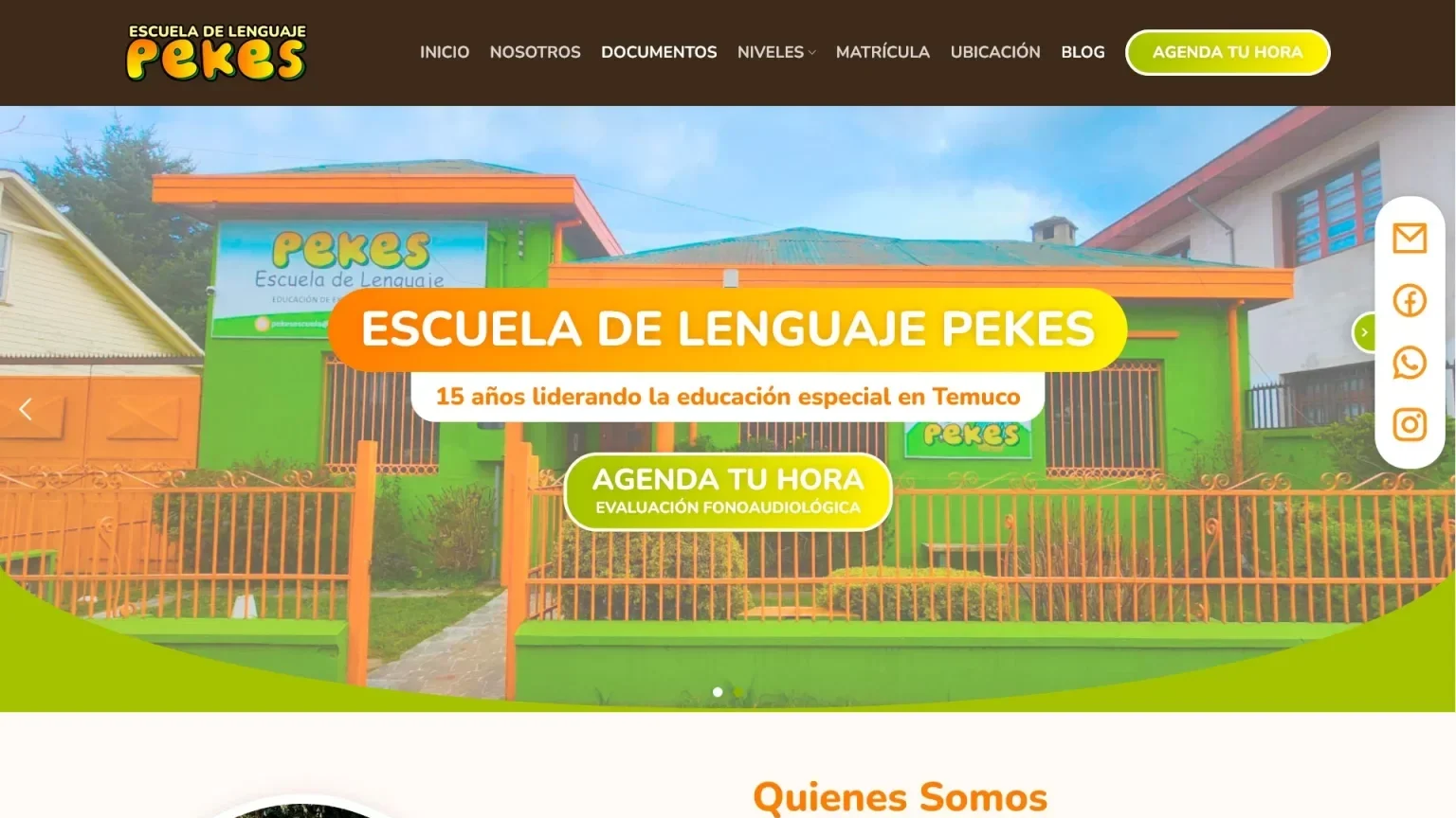 Inicio de Escuela Pekes de Temuco: identidad, escuela, invitación a agendar y comienzo de Quiénes Somos.