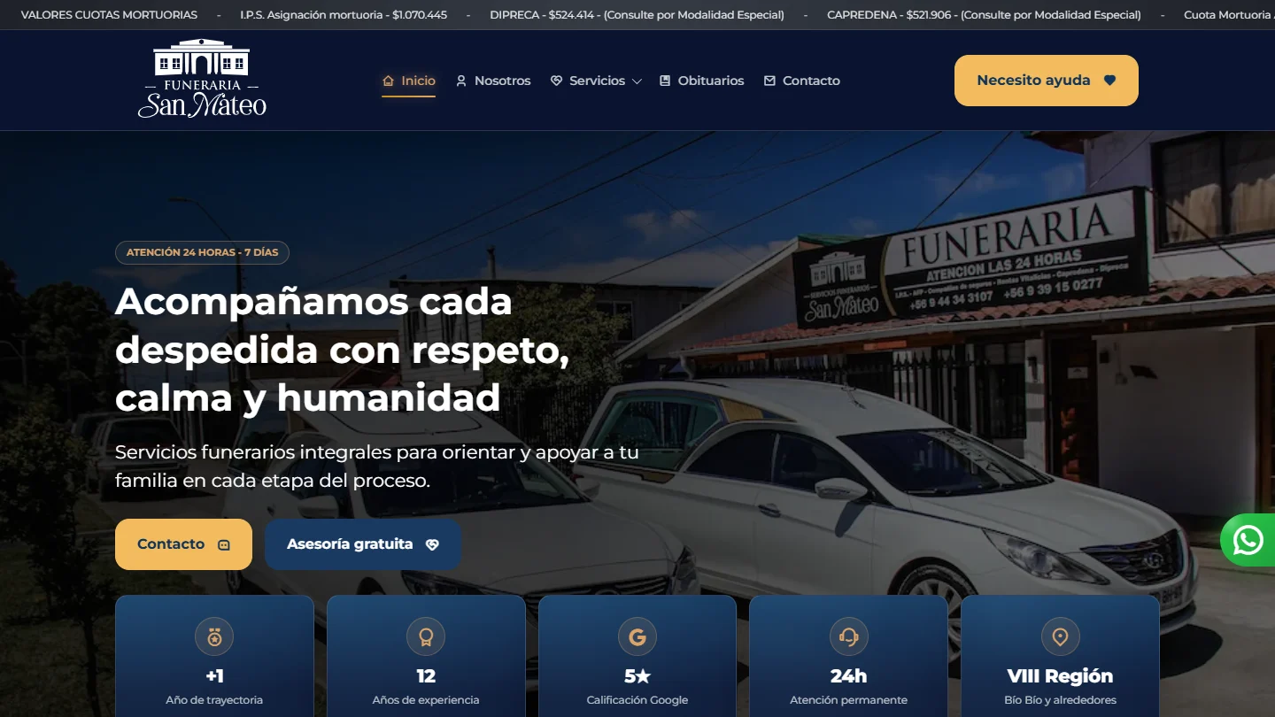 Inicio real de Funeraria San Mateo: identidad, presentación del servicio y accesos de orientación.