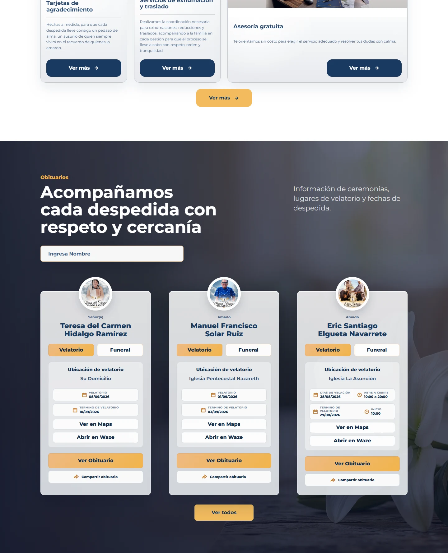 Captura del sitio web de Funeraria San Mateo