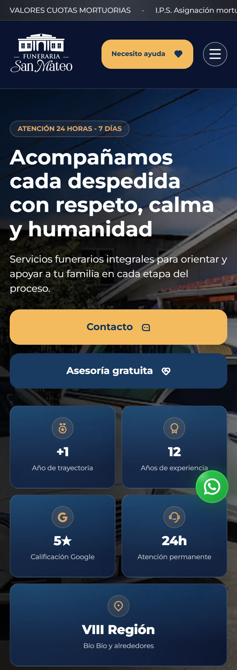 Funeraria San Mateo: inicio completo con ubicación cartográfica real, vista móvil, fragmento 1.