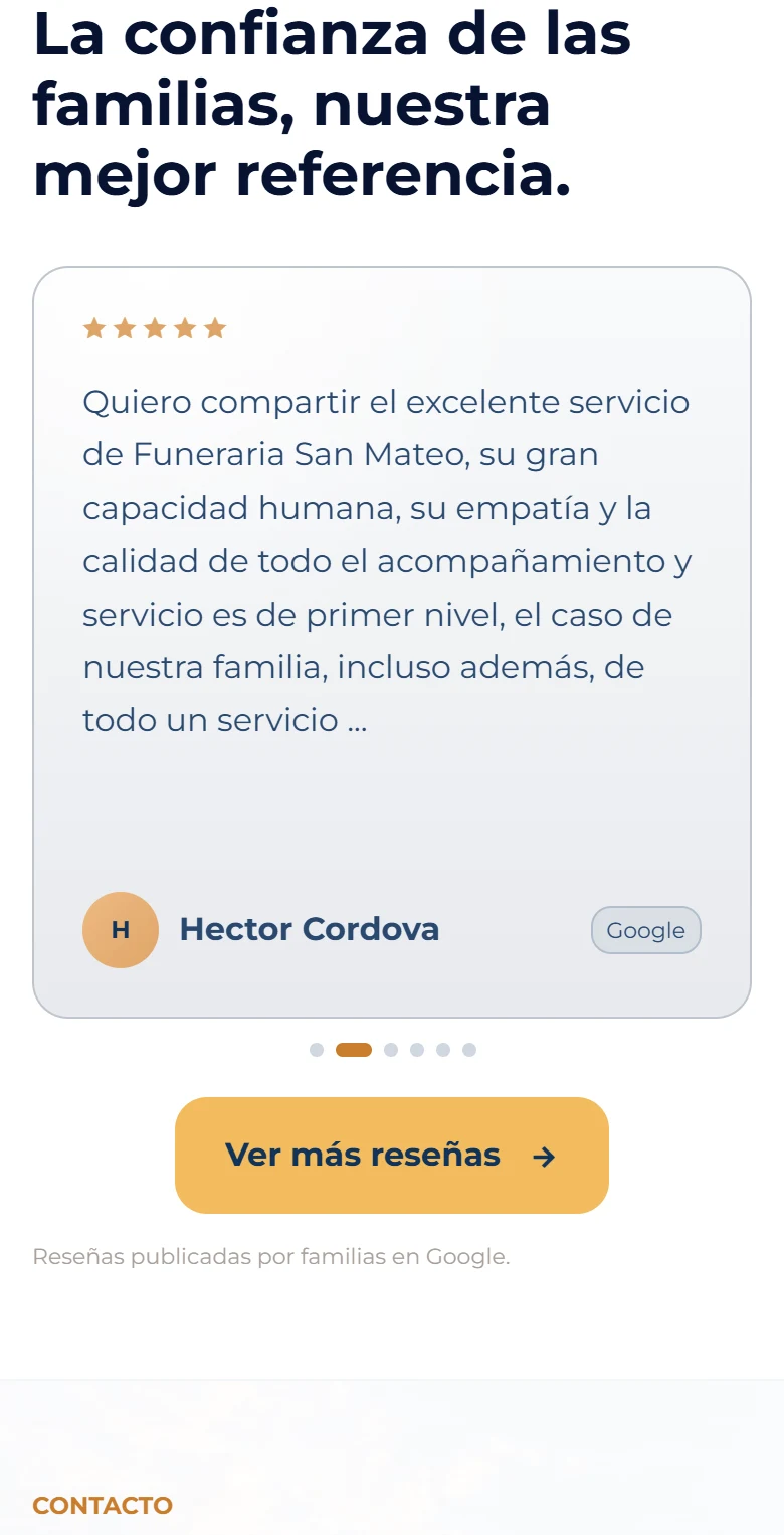 Funeraria San Mateo: inicio completo con ubicación cartográfica real, vista móvil, fragmento 10.