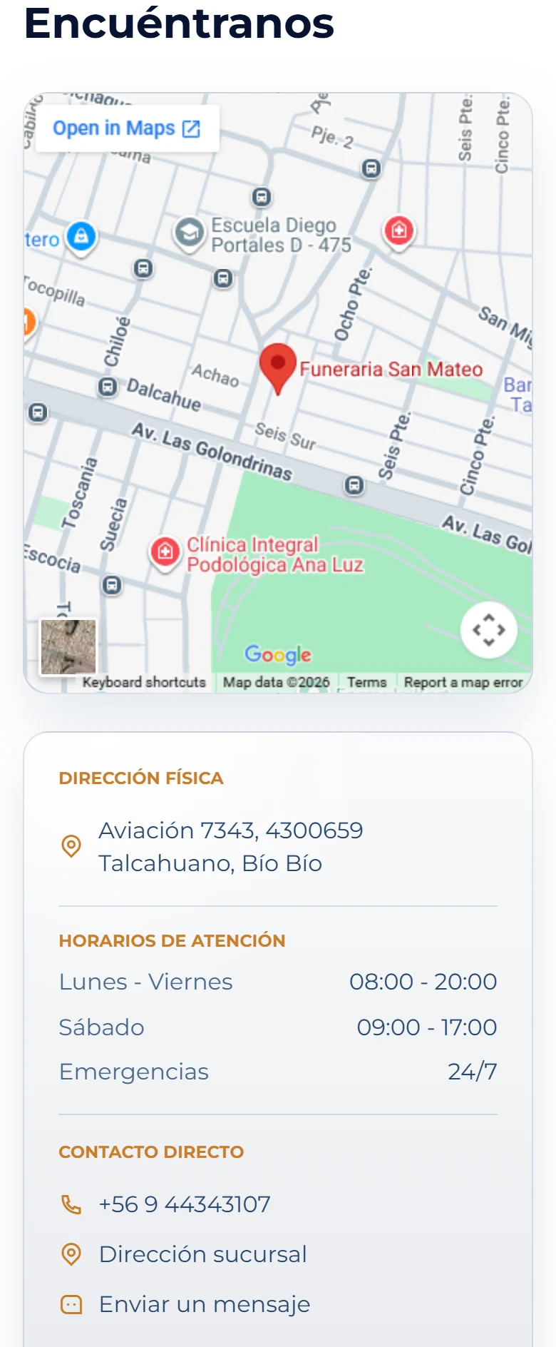 Funeraria San Mateo: inicio completo con ubicación cartográfica real, vista móvil, fragmento 12.