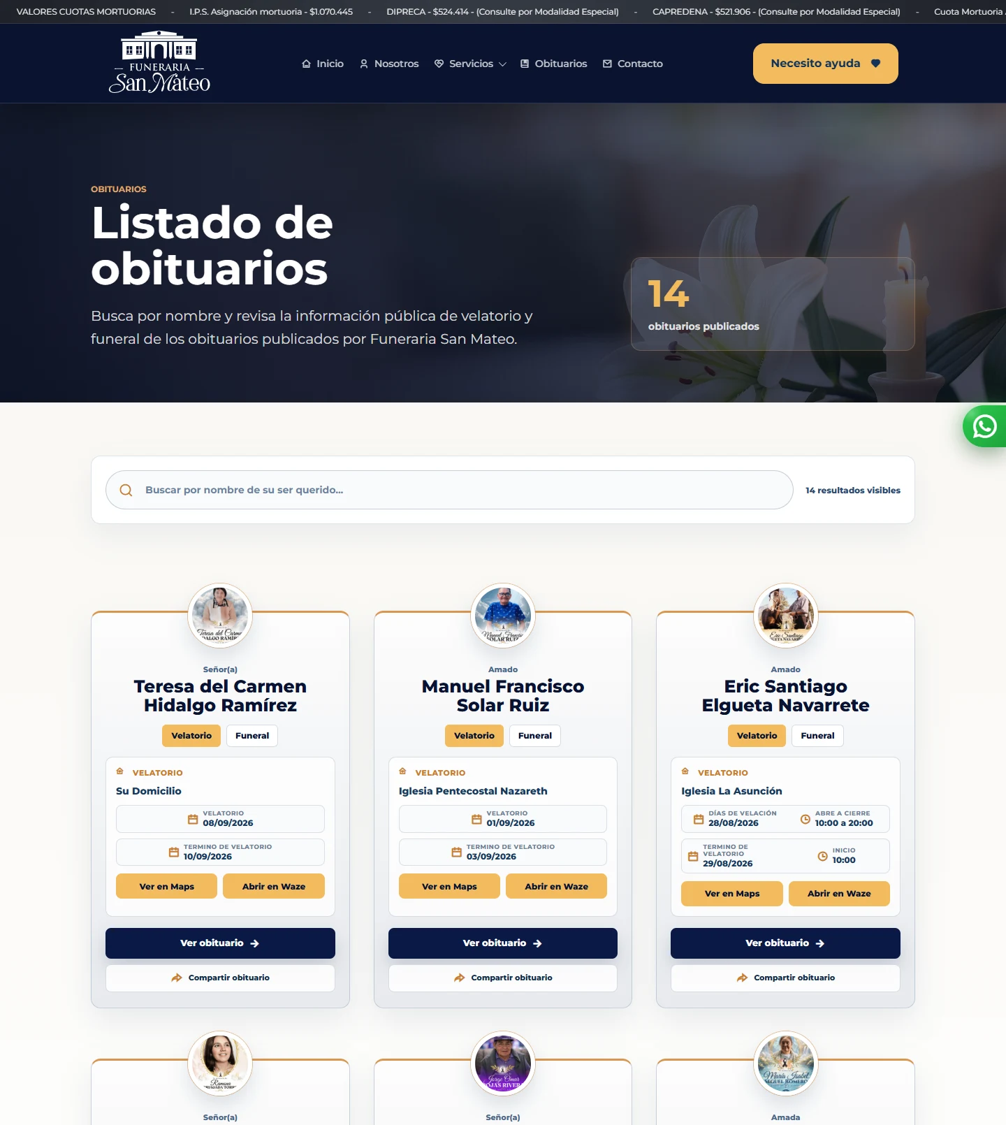 Funeraria San Mateo: Obituarios — listado completo, vista de escritorio, fragmento 1.