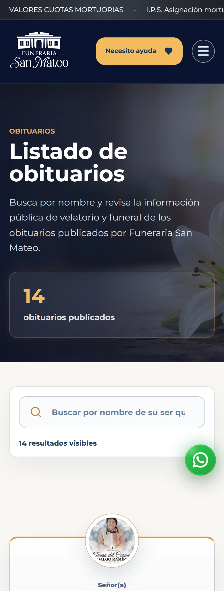 Funeraria San Mateo: Obituarios — listado completo, vista móvil, fragmento 1.
