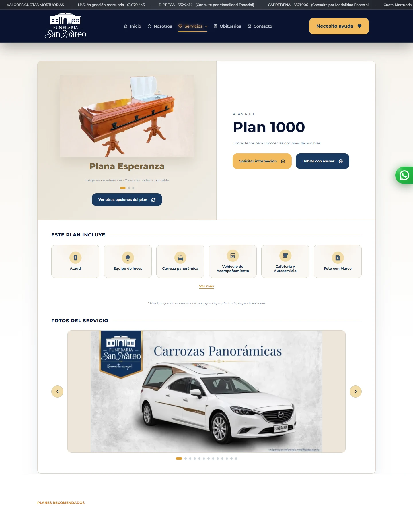 Funeraria San Mateo: Plan 1000 — ficha completa, vista de escritorio, fragmento 1.