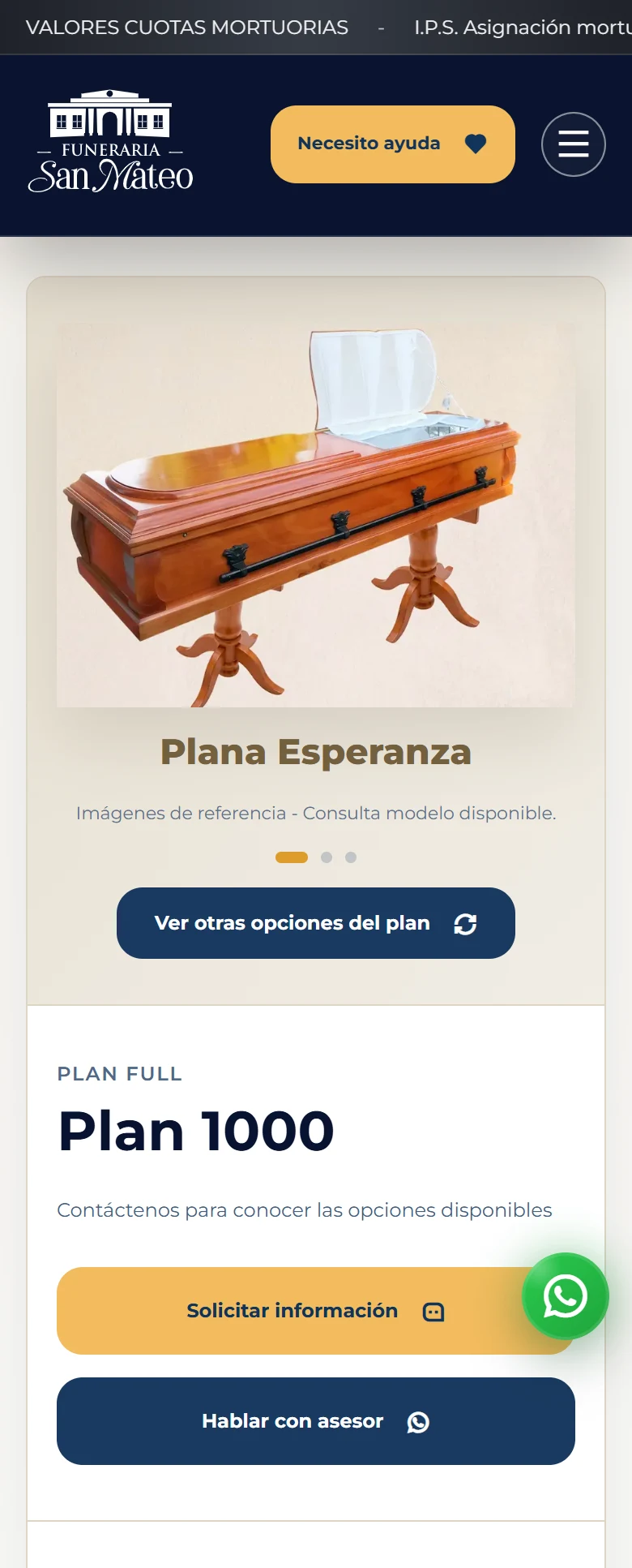 Funeraria San Mateo: Plan 1000 — ficha completa, vista móvil, fragmento 1.