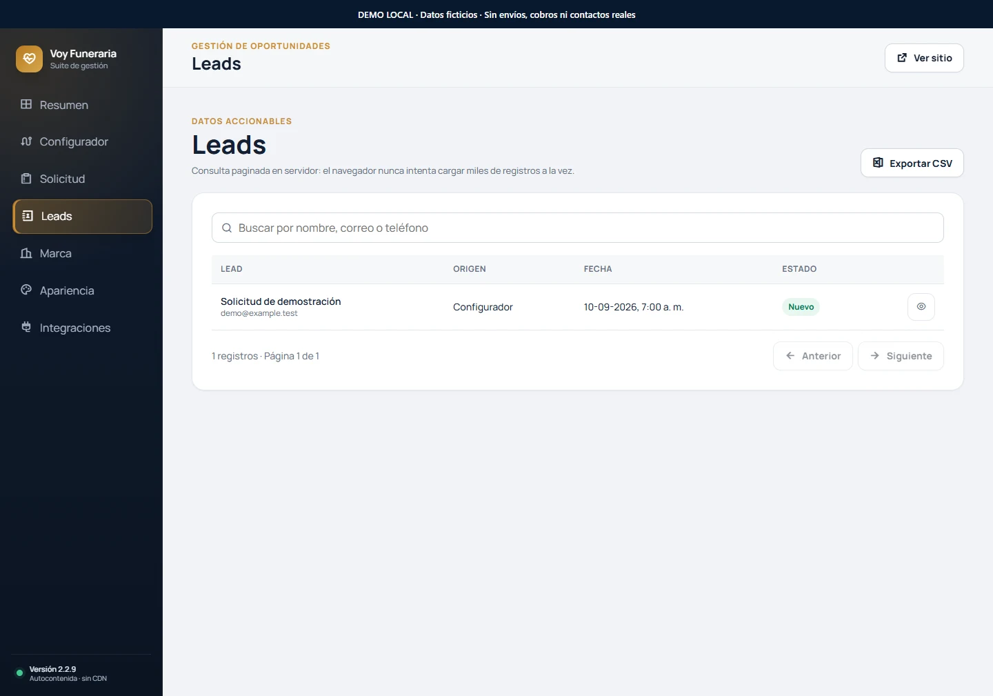 Funeraria San Mateo: CRM, listado de solicitudes en demo local con datos ficticios; escritorio, fragmento 1.