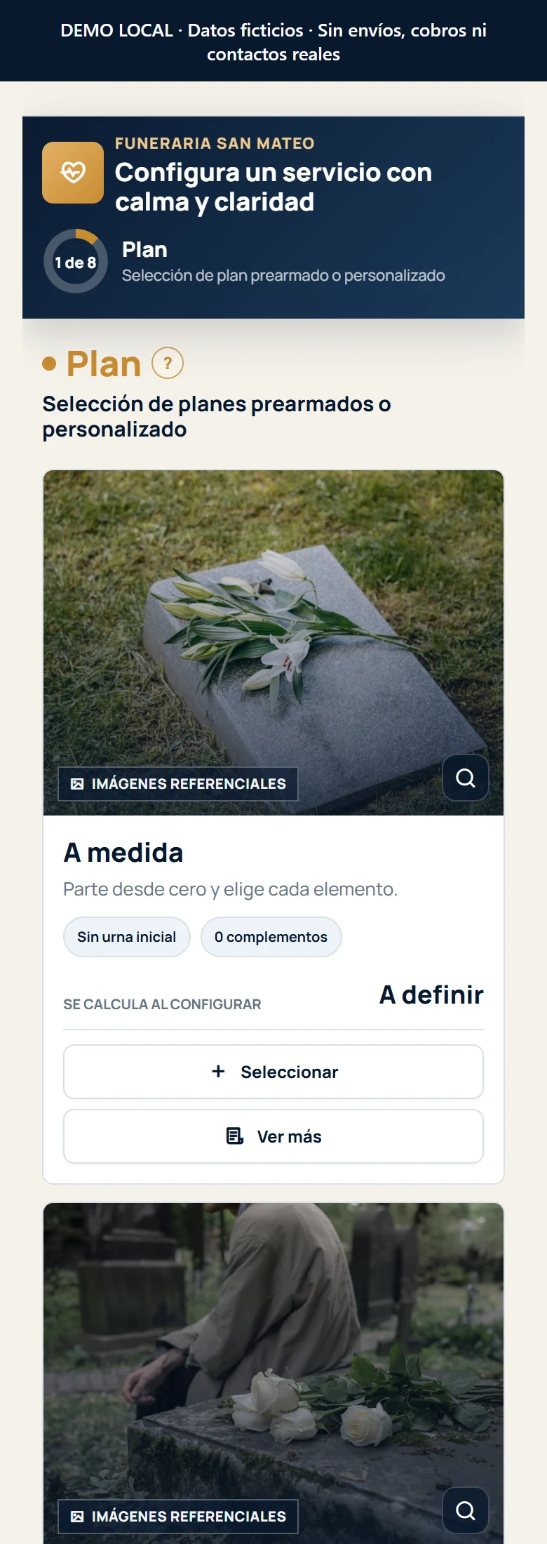 Funeraria San Mateo: asistente de servicios, selección inicial de plan en demo local con datos ficticios; móvil, fragmento 1.