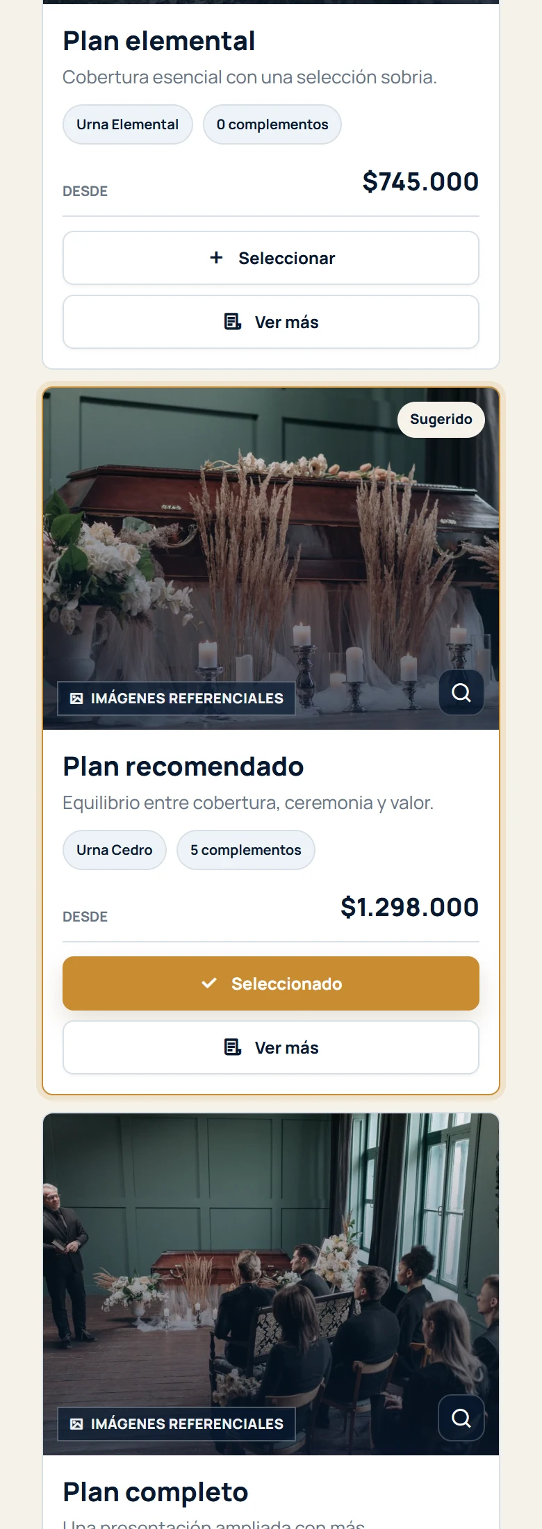 Funeraria San Mateo: asistente de servicios, selección inicial de plan en demo local con datos ficticios; móvil, fragmento 2.