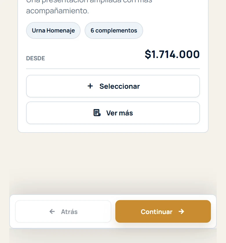 Funeraria San Mateo: asistente de servicios, selección inicial de plan en demo local con datos ficticios; móvil, fragmento 3.