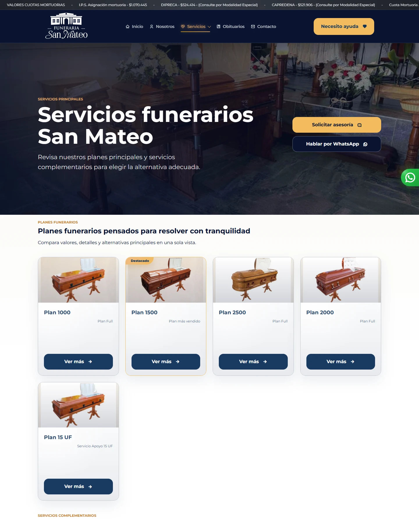 Funeraria San Mateo: Servicios — página completa, vista de escritorio, fragmento 1.