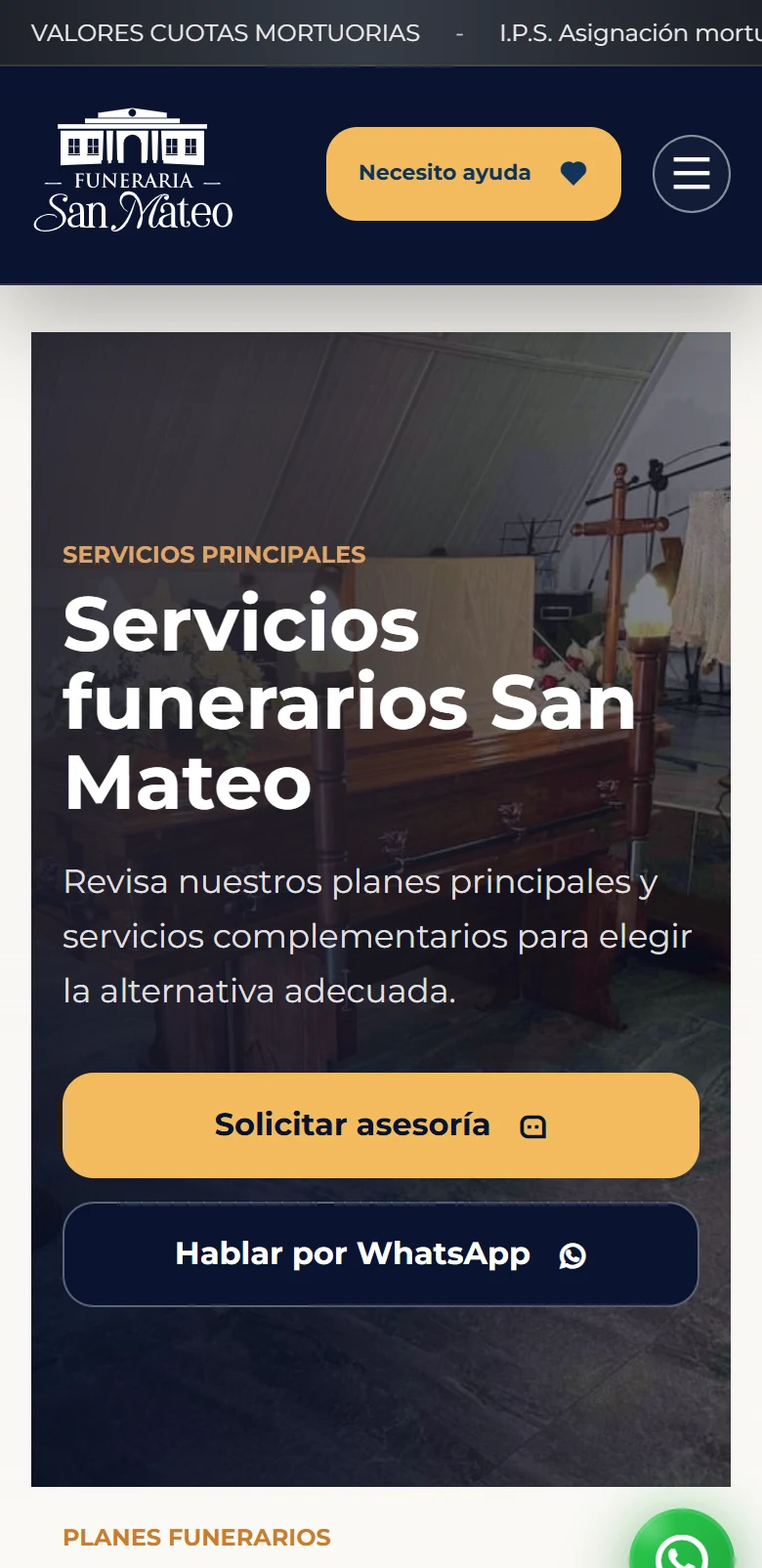 Funeraria San Mateo: Servicios — página completa, vista móvil, fragmento 1.