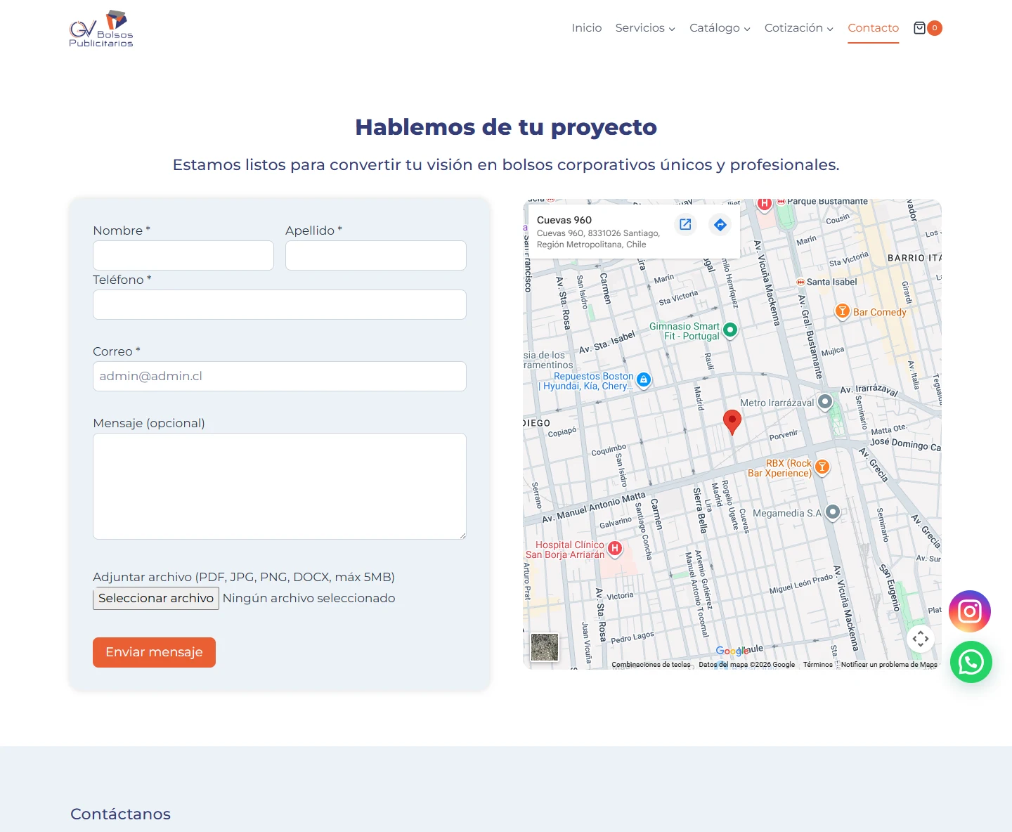 GV Bolsos Publicitarios: contacto — página completa, escritorio, tramo 1 de 2.
