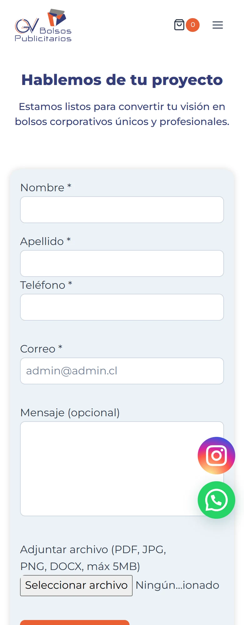 GV Bolsos Publicitarios: contacto — página completa, móvil, tramo 1 de 5.