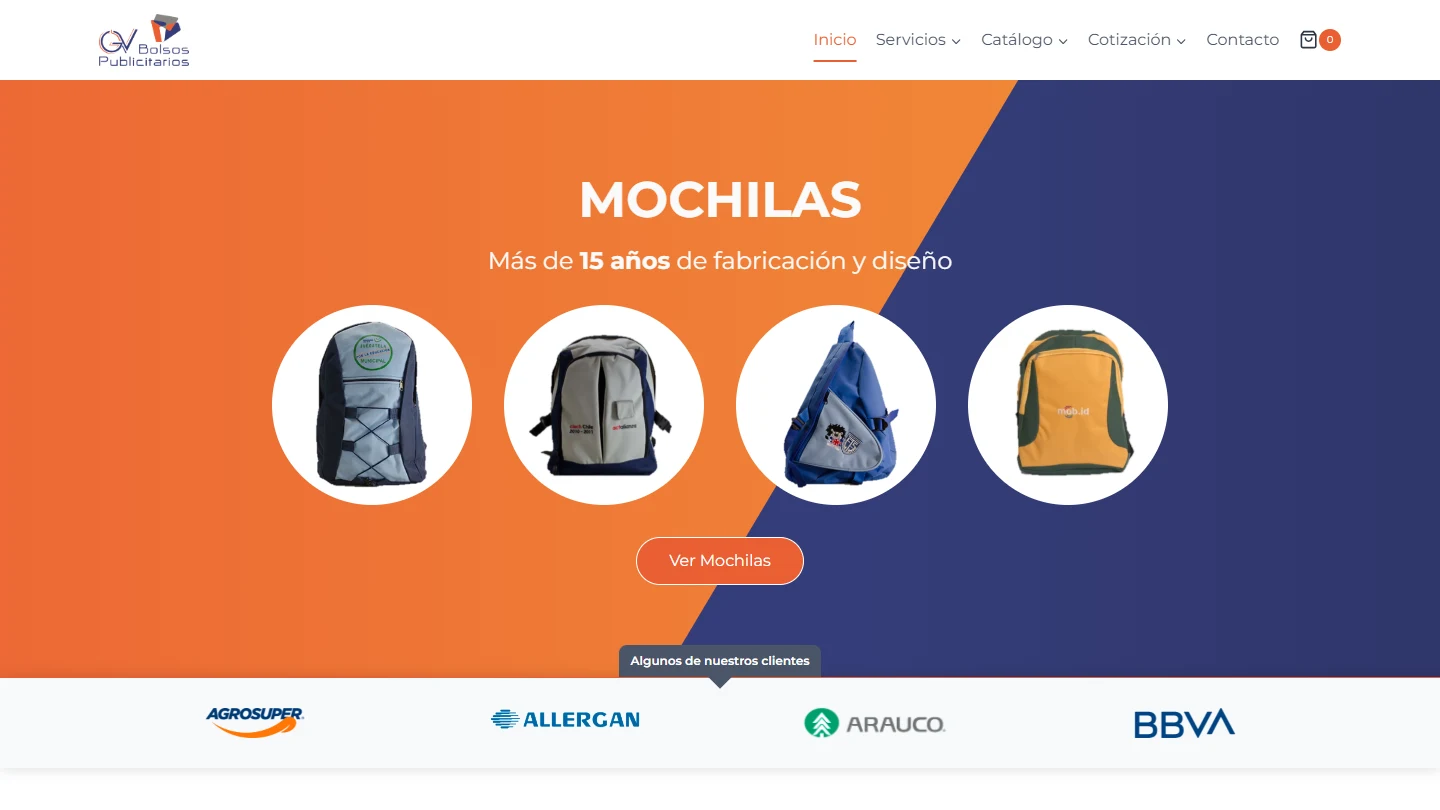 Portada real de GV Bolsos Publicitarios: identidad, mochilas personalizadas y acceso al catálogo, con el ancho íntegro del sitio.