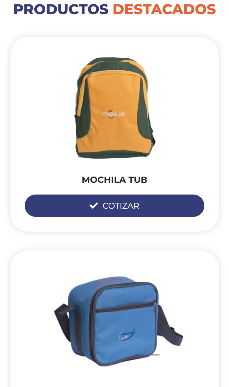 GV Bolsos Publicitarios: inicio — página completa, móvil, tramo 5 de 9.