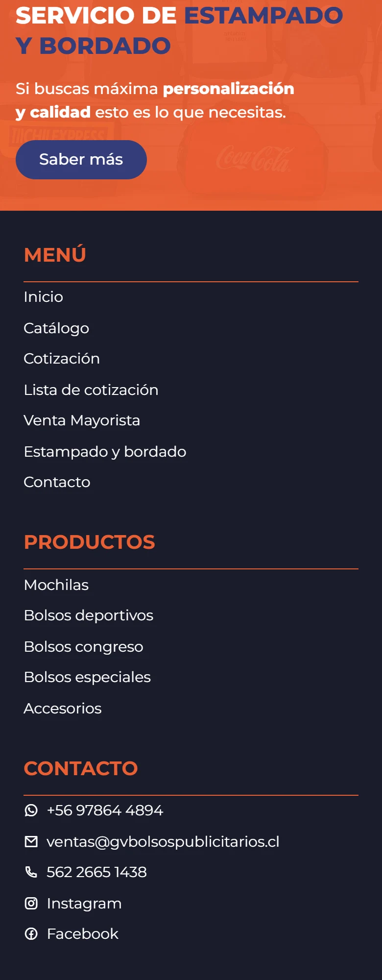 GV Bolsos Publicitarios: inicio — página completa, móvil, tramo 8 de 9.