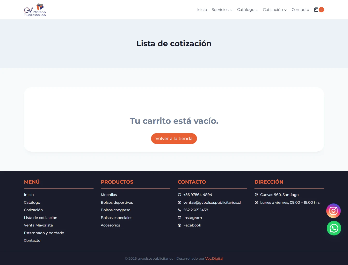 GV Bolsos Publicitarios: lista de cotización — estado inicial vacío, escritorio, tramo 1 de 1.
