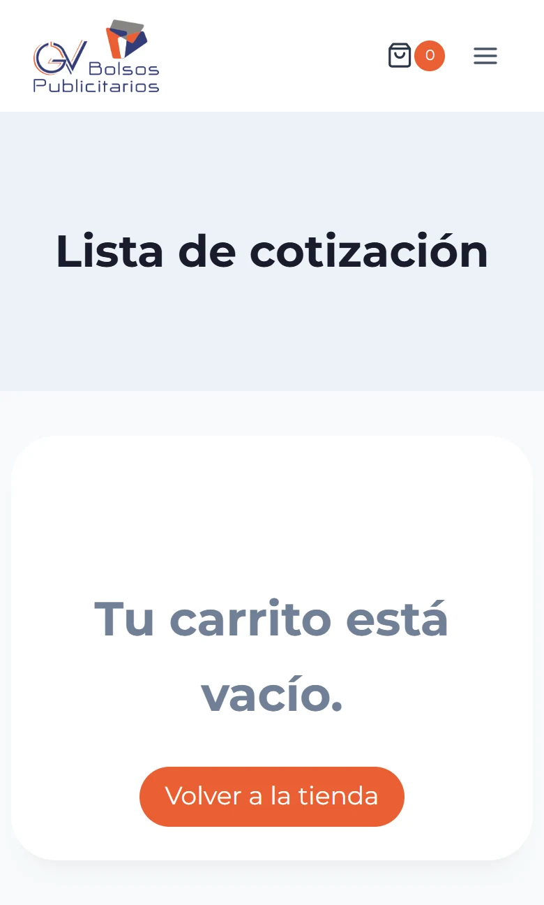 GV Bolsos Publicitarios: lista de cotización — estado inicial vacío, móvil, tramo 1 de 3.