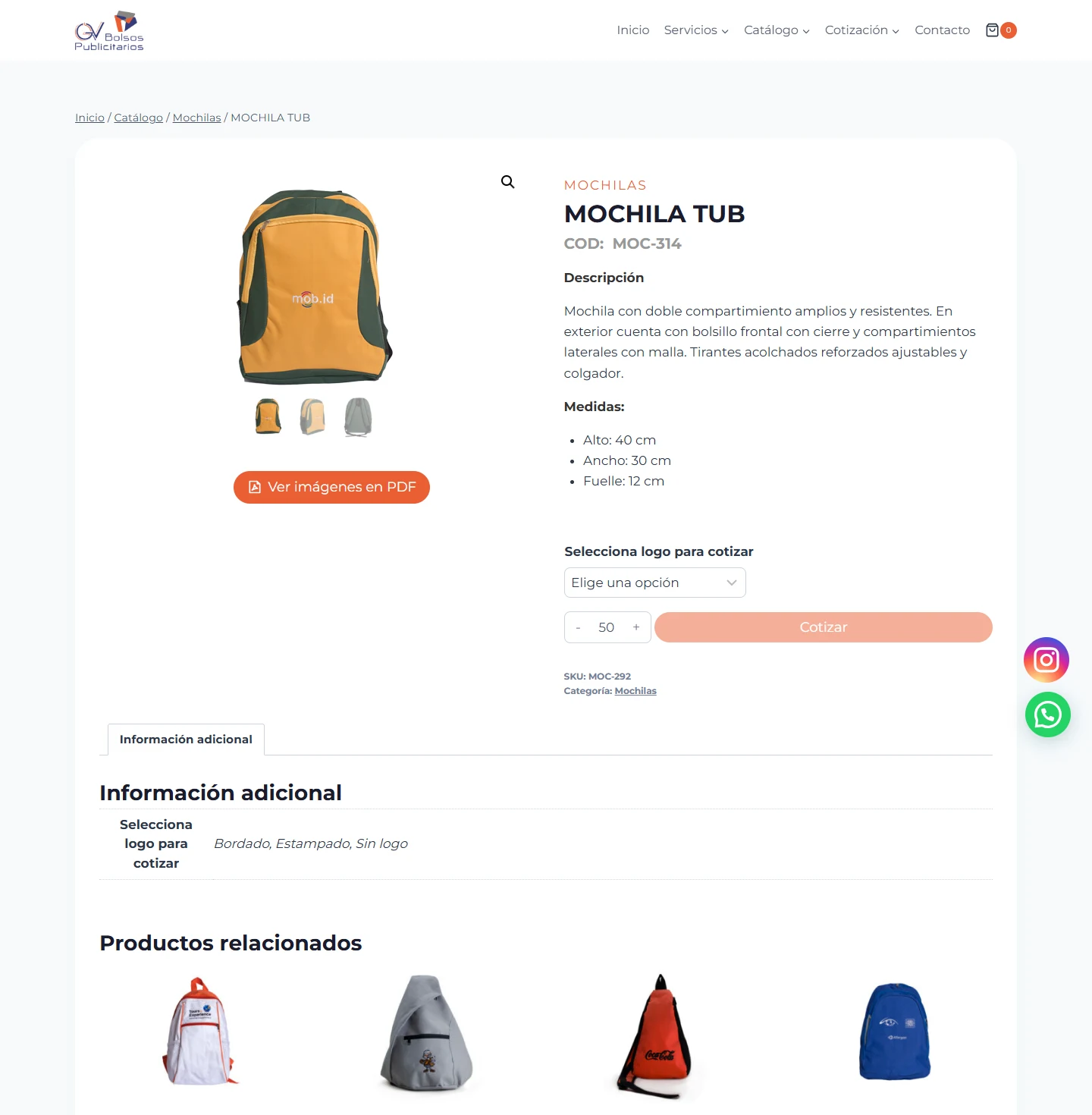 GV Bolsos Publicitarios: mochila tub — ficha de producto completa, escritorio, tramo 1 de 2.
