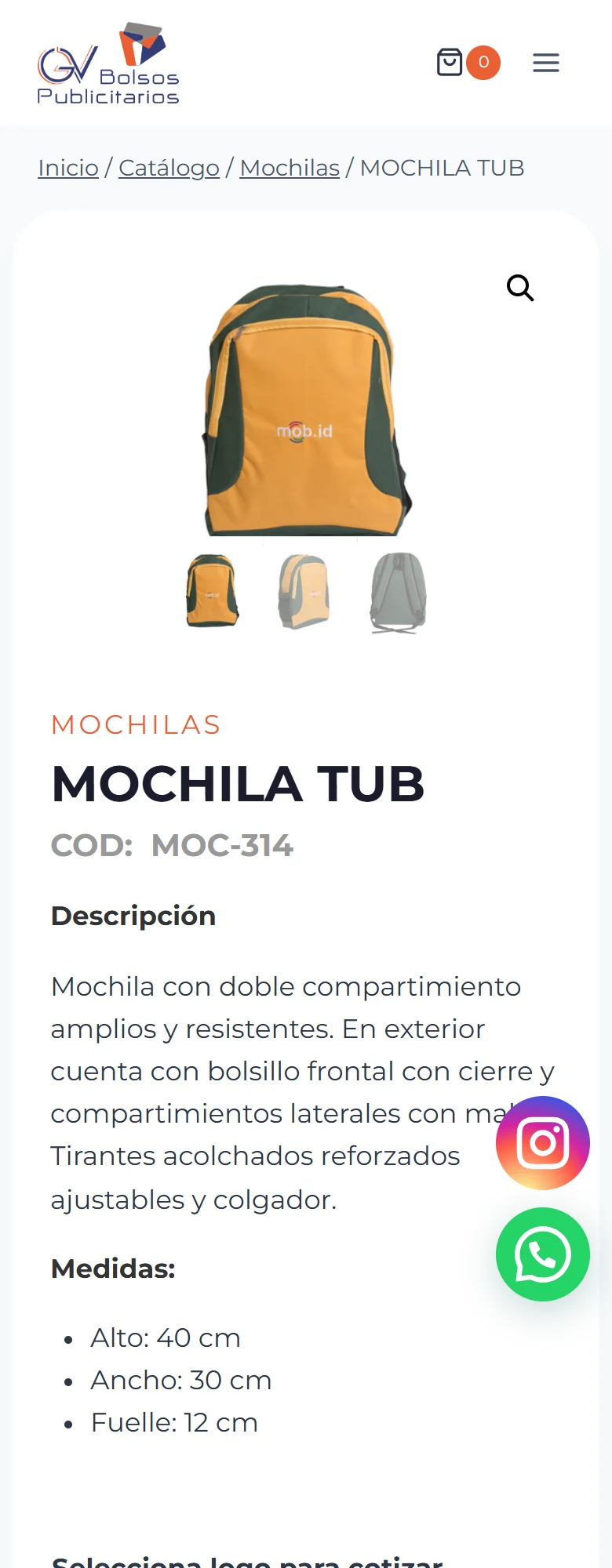 GV Bolsos Publicitarios: mochila tub — ficha de producto completa, móvil, tramo 1 de 5.