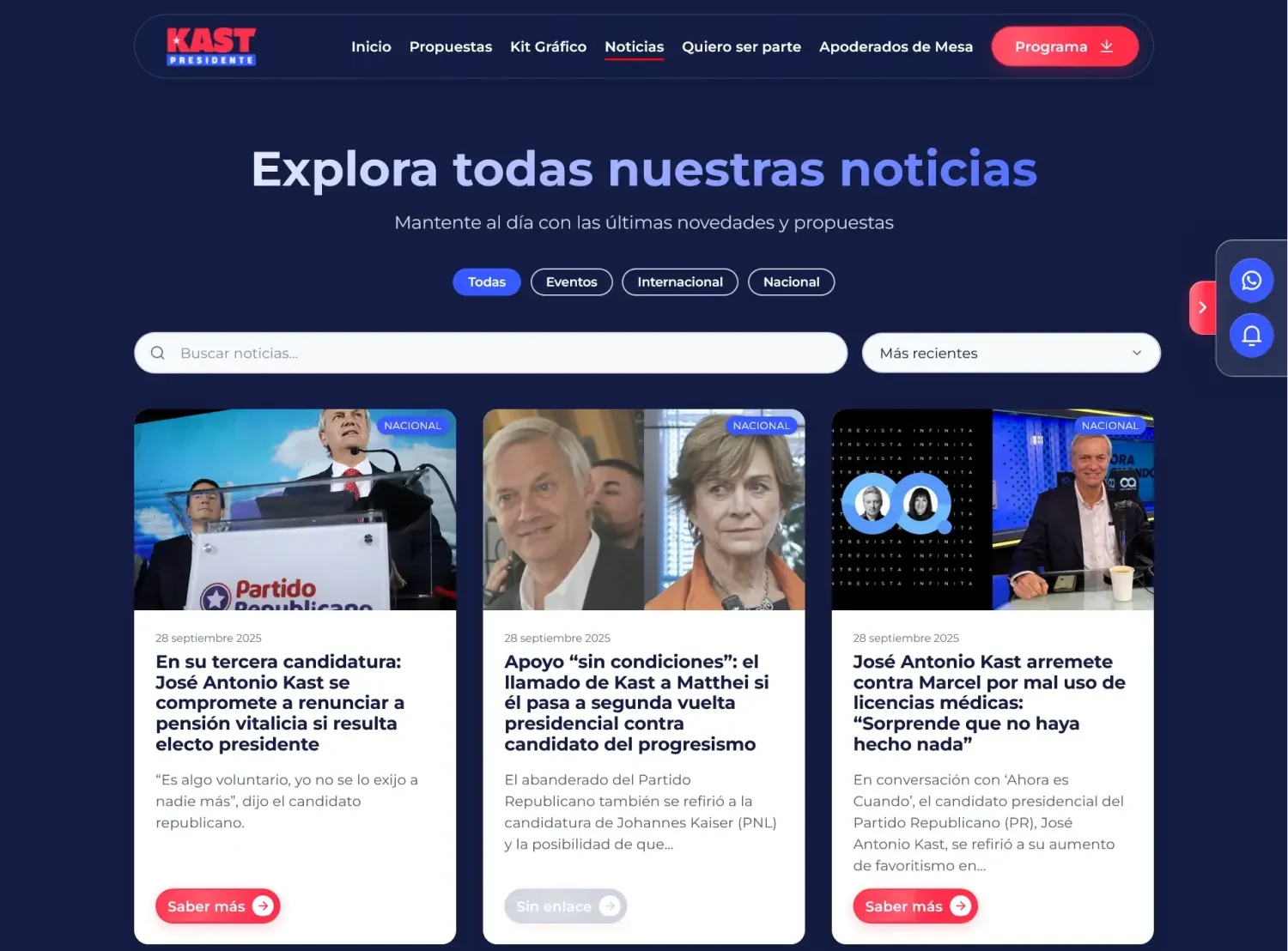 Equipo de Campaña del Candidato José Antonio Kast: Página de Noticias, diseño entregado, fragmento 1