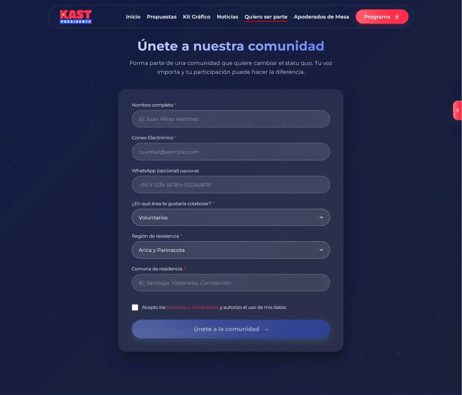 Equipo de Campaña del Candidato José Antonio Kast: Página Quiero ser Parte, diseño entregado, fragmento 1