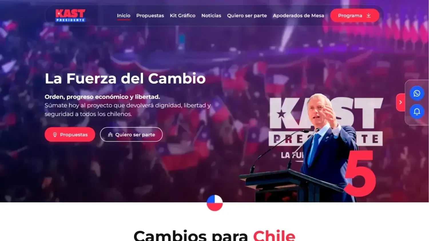 Inicio real de Kast Presidente: cabecera, propuesta y accesos de la campaña.