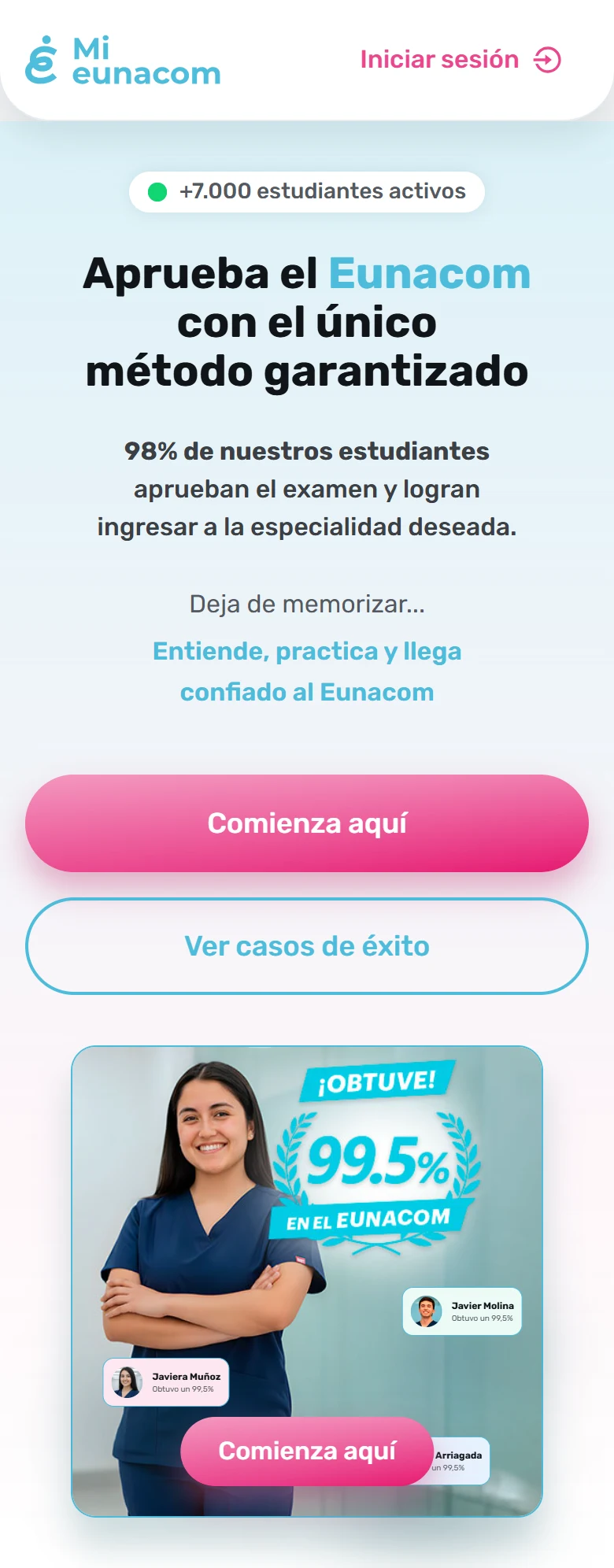Mi EUNACOM, rediseño en móvil: cabecera y propuesta principal. Fragmento 1 de 11 de la misma página completa.