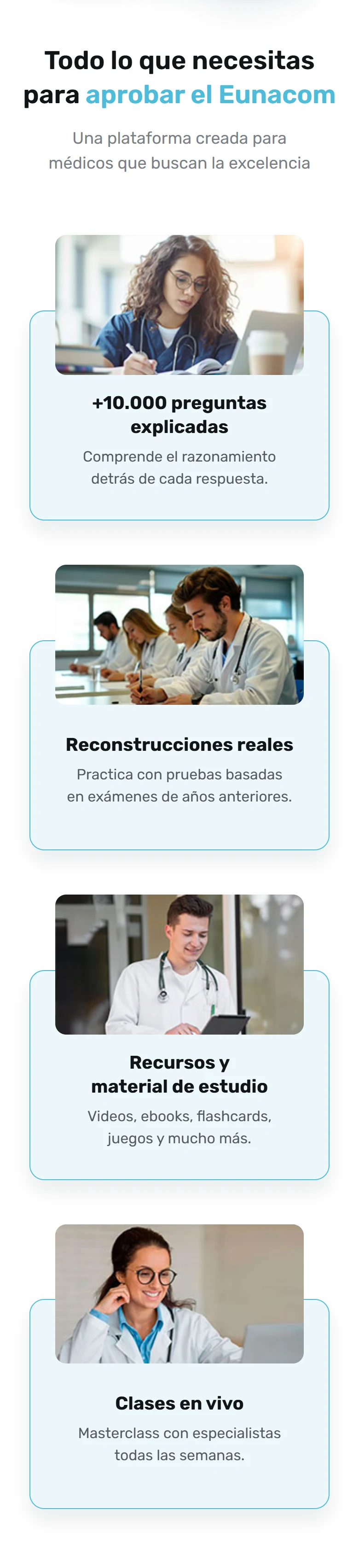 Mi EUNACOM, rediseño en móvil: recursos para preparar el examen. Fragmento 2 de 11 de la misma página completa.