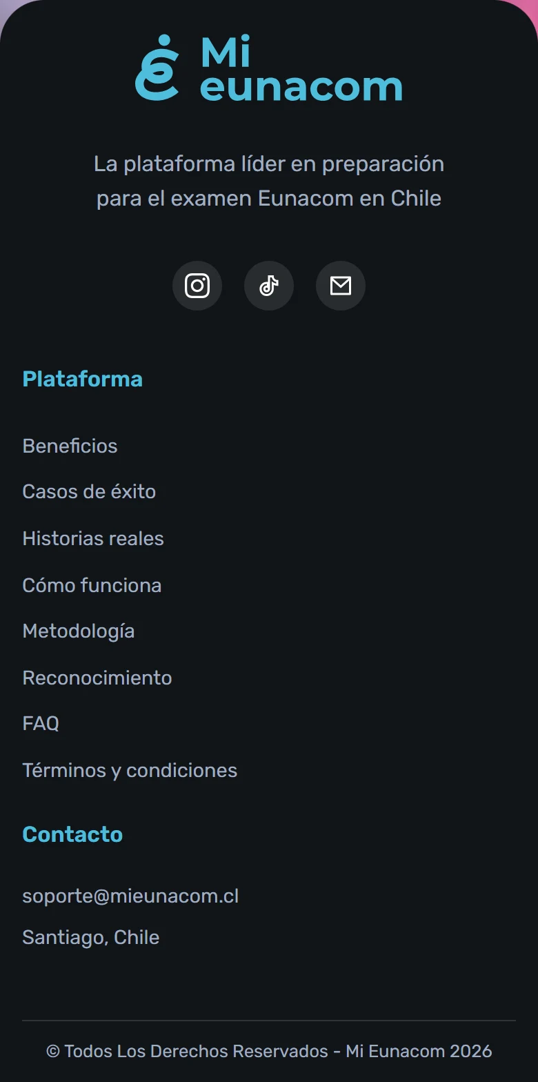 Mi EUNACOM, rediseño en móvil: pie de página y contacto. Fragmento 11 de 11 de la misma página completa.