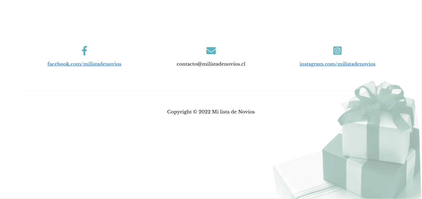 Mi Lista de Novios, antes del rediseño: Cierre original con contacto, redes sociales y pie de página.