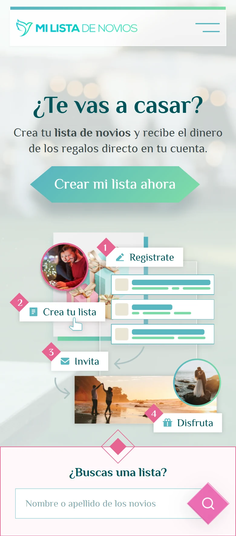 Mi Lista de Novios: Hero público con la propuesta del servicio y acceso al registro, vista móvil.