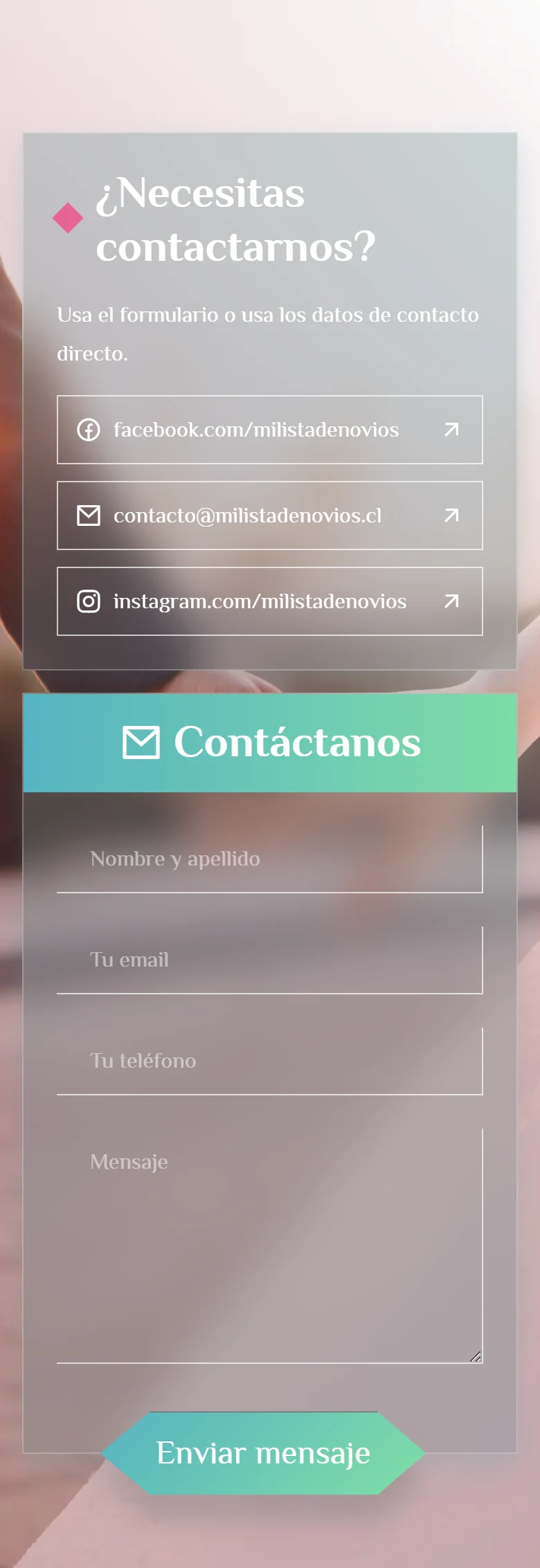 Mi Lista de Novios: Contacto con su fotografía de fondo y formulario completo, vista móvil.